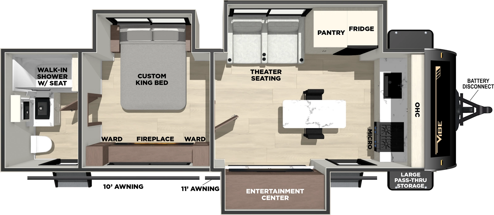 The Vibe 2500FIK floorplan has two entries and three slide outs. Exterior features include: fiberglass exterior and 18' awning. Interiors features include: front kitchen, kitchen island and rear bathroom.